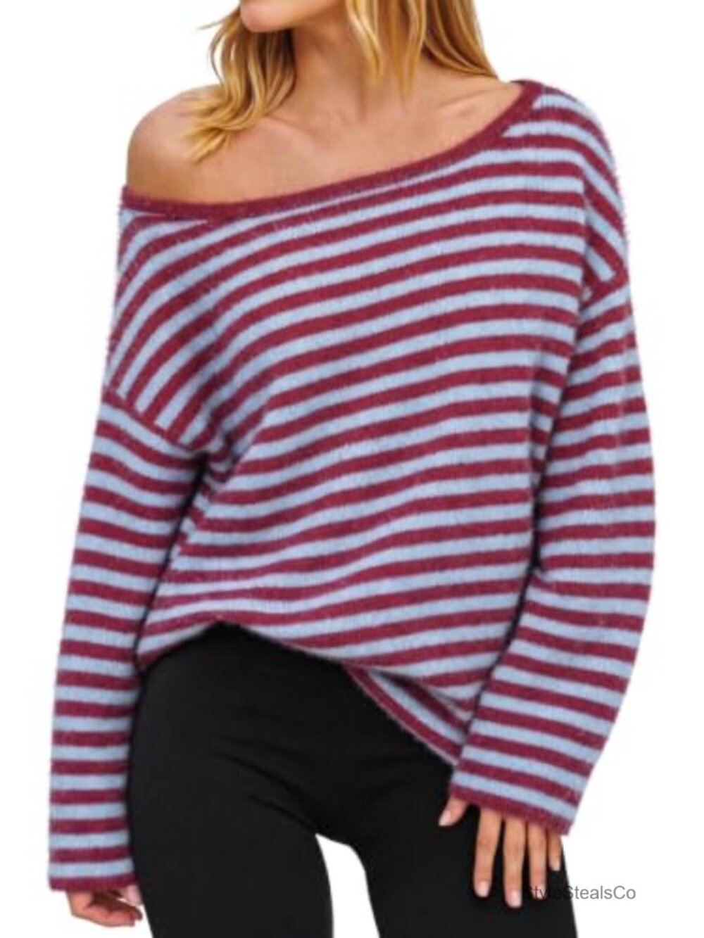 Fisoew Off the Shoulder Striped Knit Pullover Sweater - Casual Loose Fit